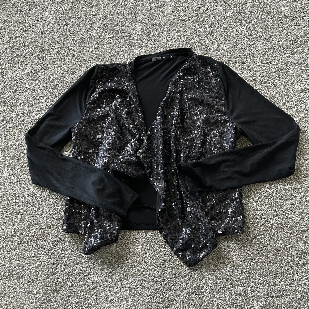 YOUR FACE Blouse Womens S Black Sequin Open Front Long Sleeve Cocktail Top